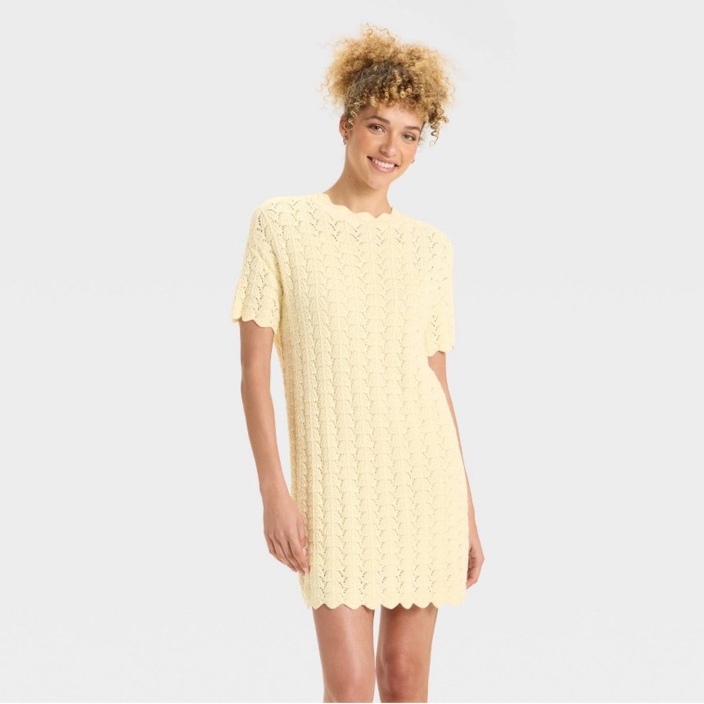 NWT Women's Short Sleeve Pointelle Mini Sweater Dress Crochet Knit Off-White